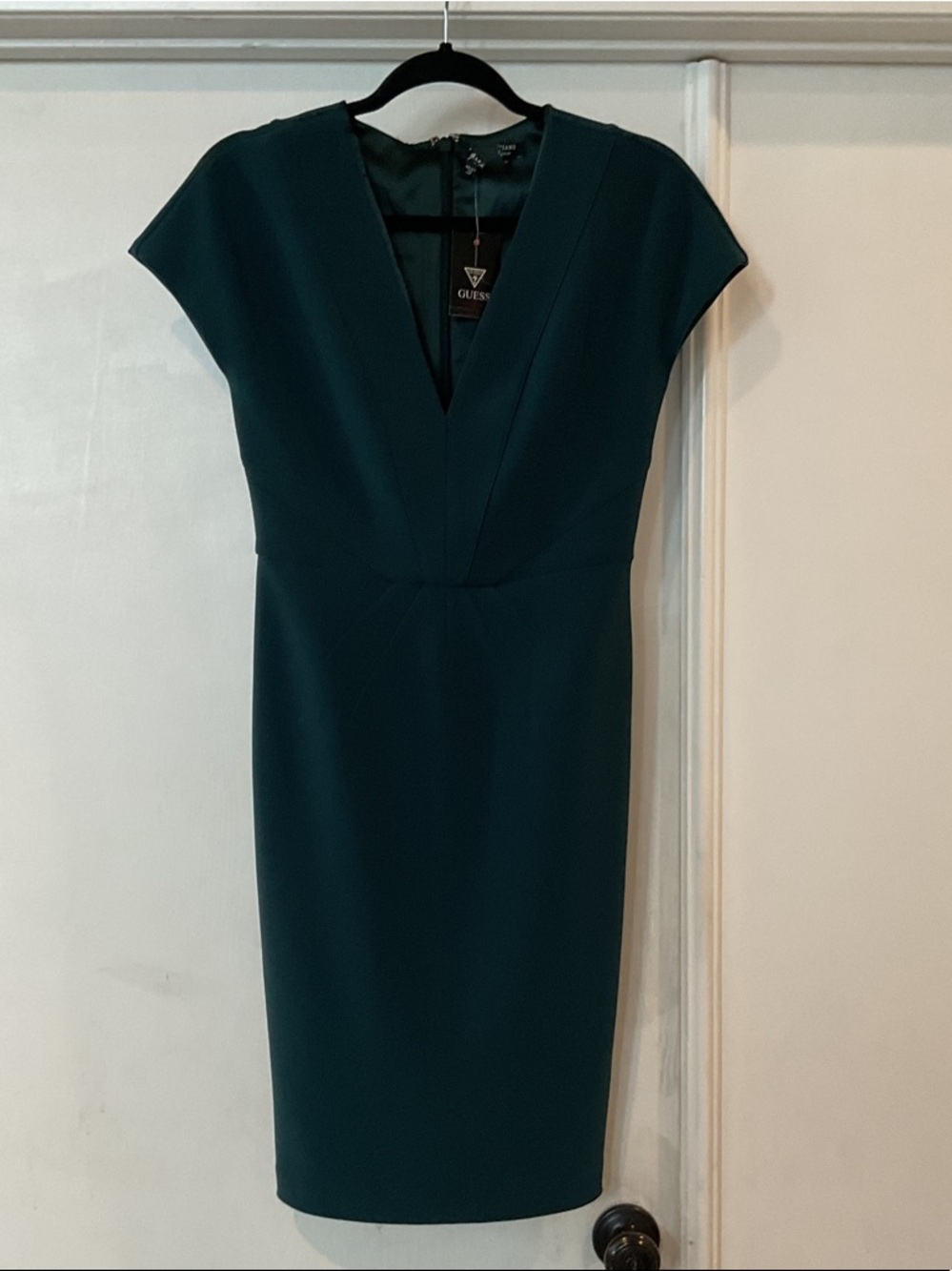 Marciano Green V-Neck Cap Sleeve Midi Sheath Dress